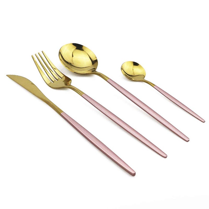 JANKNG 24-Piece Flatware Set, 18/0 Stainless Steel Knife Fork Spoon Teaspoon Silverware Set, Service for 6, Pink Handle Gold - Image 2